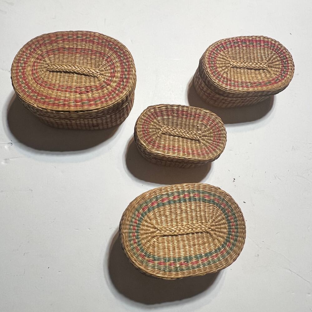 Vtg Handwoven Oval Sweetgrass Nesting Baskets Set of 4 Lidded Boho Storage READ